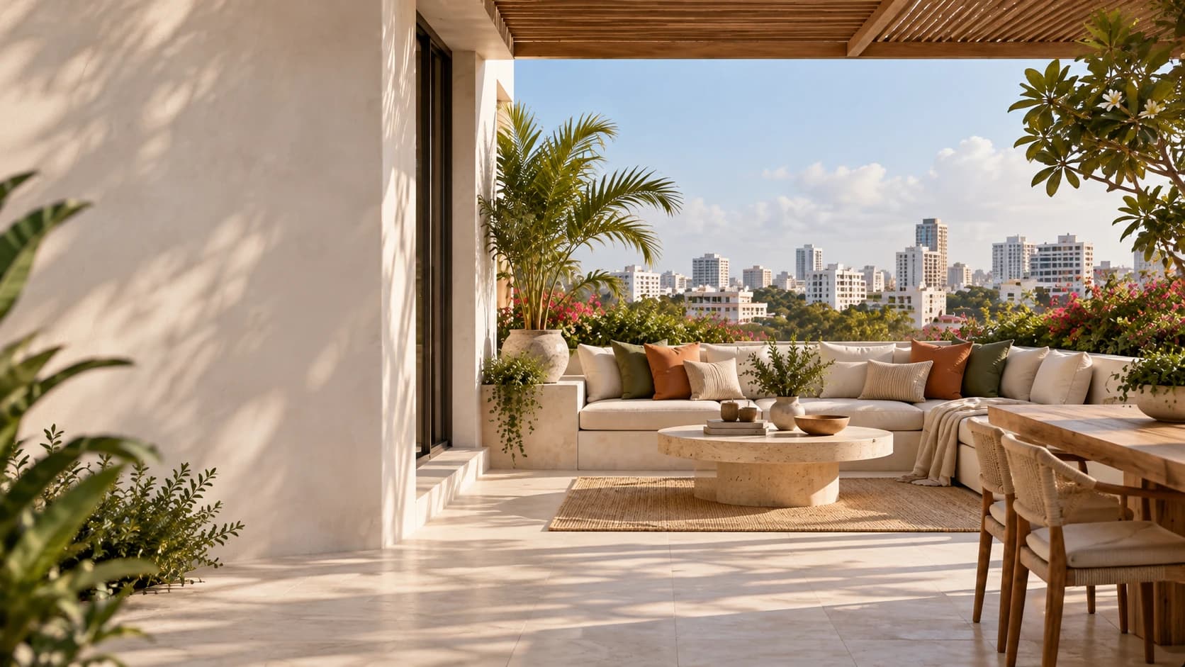 Terraza residencial con sala exterior, vegetación y vista a la ciudad